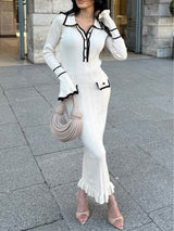 Contrast color Chanel style knitted elegant maxi dress