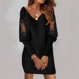 Women's V-neck long-sleeved printed lace patchwork dress