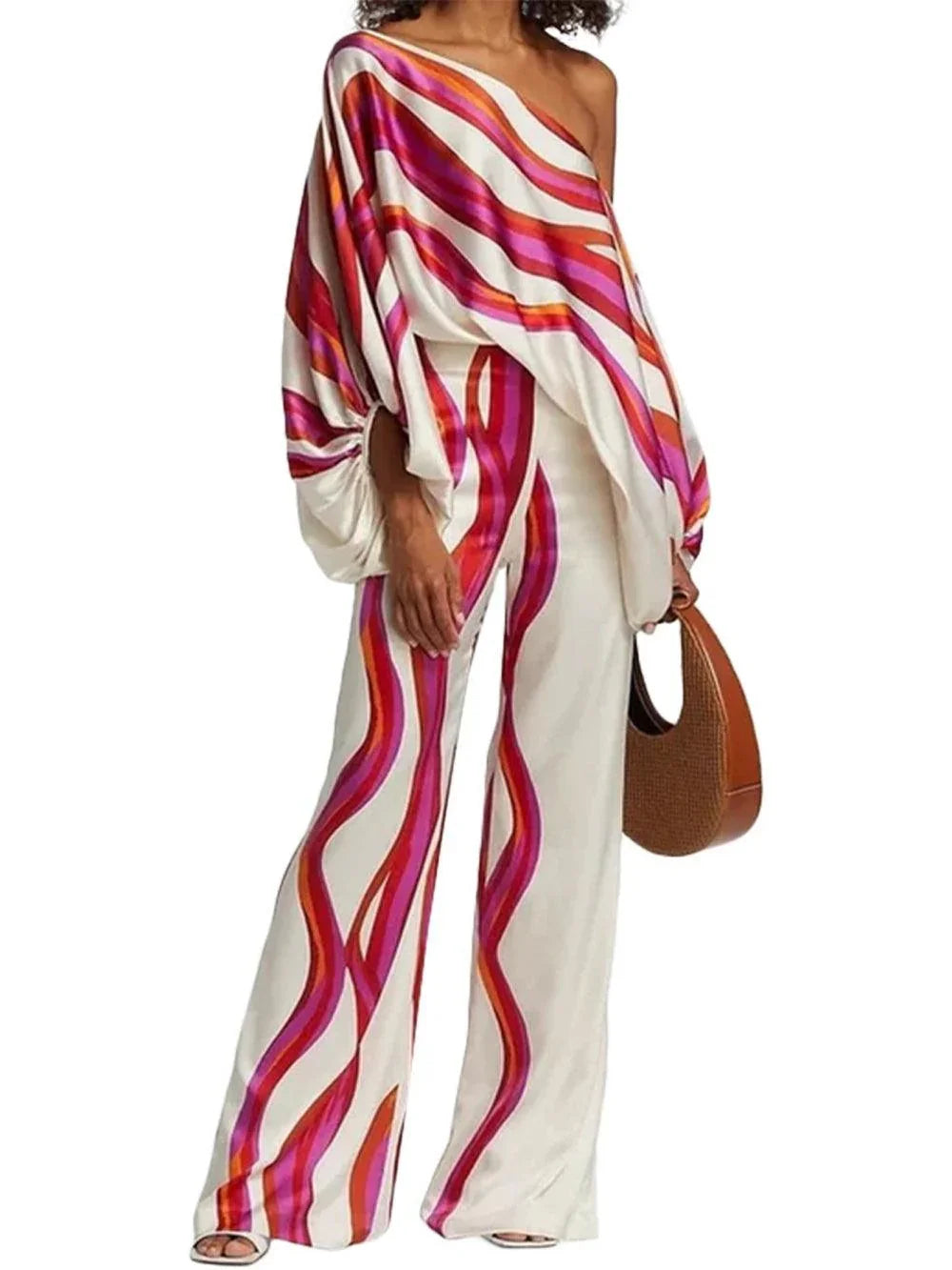 Satin Printed Loose-fitting Boat Neck Top and Pants Two-piece Set