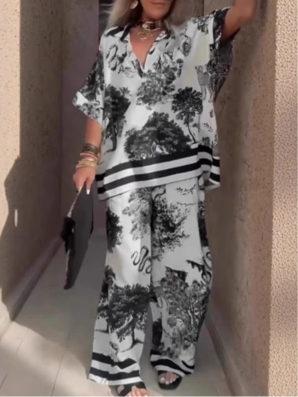 Casual V-neck printed short-sleeved top and wide-leg pants set