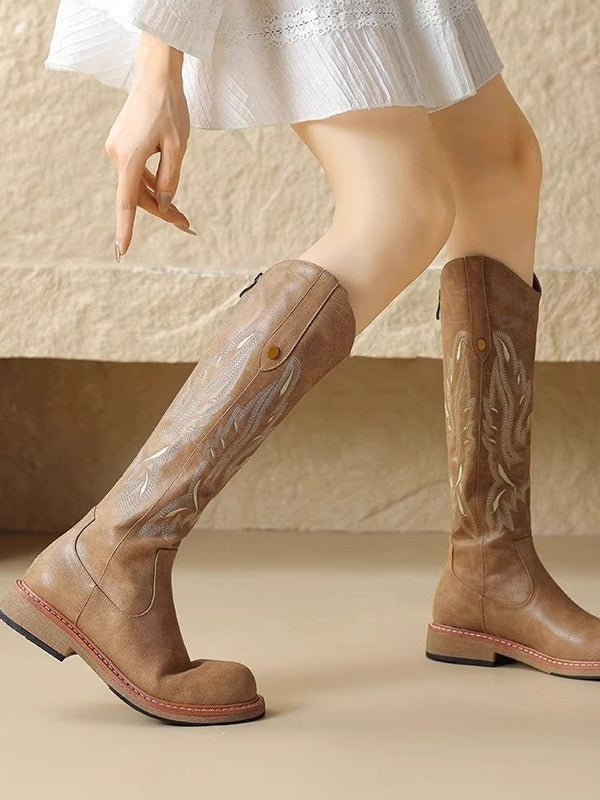 Brown embroidered back zipper long boots
