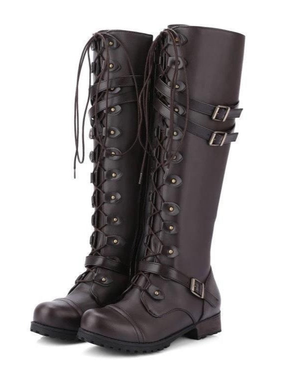 Round toe belt buckle rivet lace-up high-top riding boots