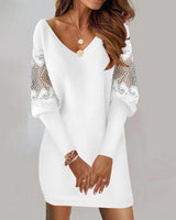 Women's V-neck long-sleeved printed lace patchwork dress