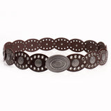 Oval stitching waist belt with large round pattern alloy buckle