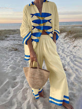 Ocean Print Oversized Shirt and Elastic Waist Pocket Pants Set