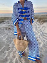 Ocean Print Oversized Shirt and Elastic Waist Pocket Pants Set