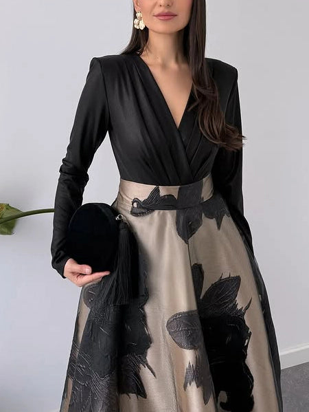 V Neck Long Sleeve Floral Print Maxi Evening Gown