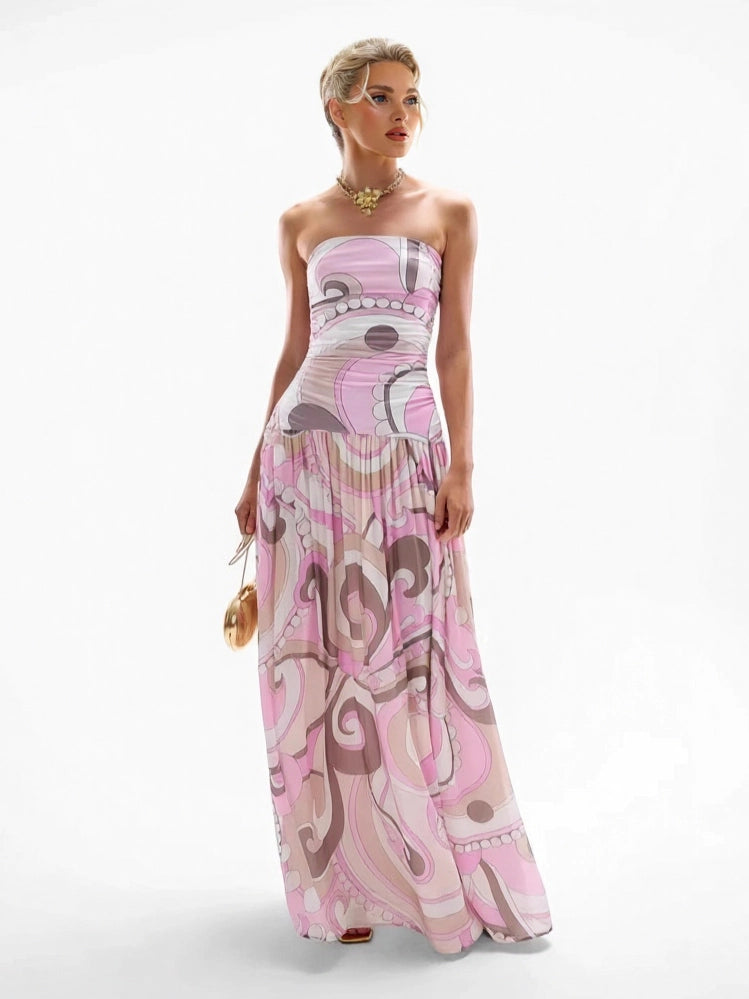 Retro Swirl Print Strapless Maxi Dress