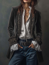 Vintage Navy Polyester Velvet Embroidered Long Jacket