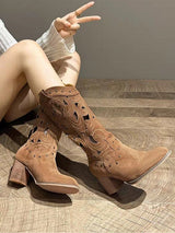 Suede chunky heel embroidered openwork Western boots