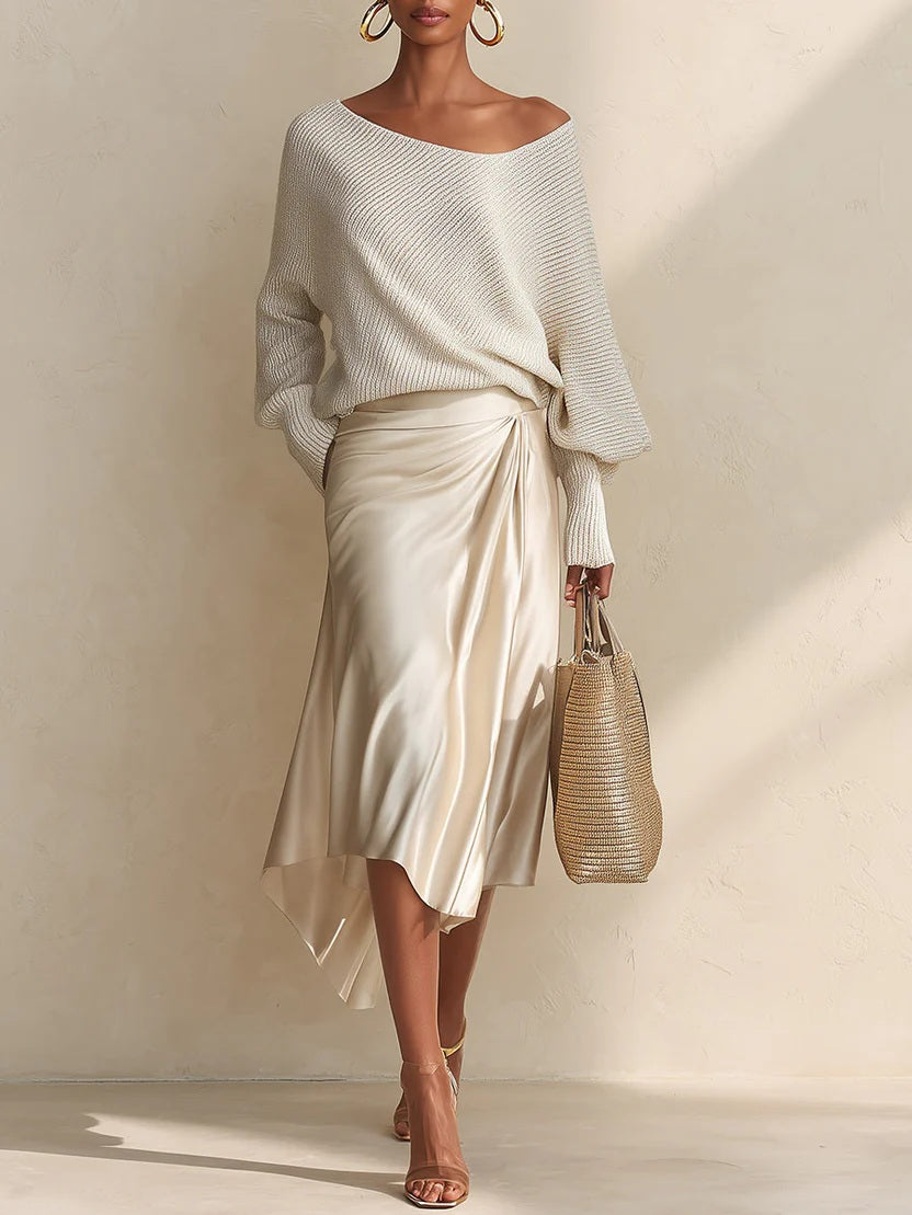 Loose Knit Sweater & Satin Wrap Irregular Midi Skirt Two Piece Outfit