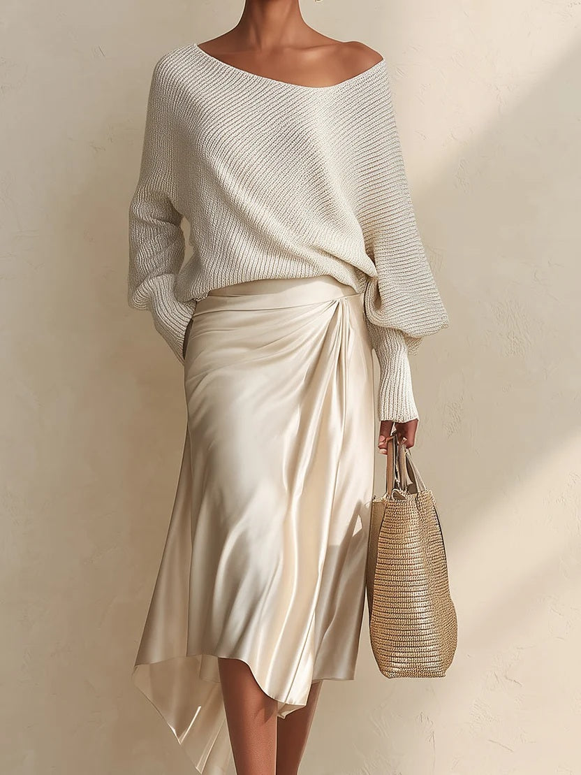 Loose Knit Sweater & Satin Wrap Irregular Midi Skirt Two Piece Outfit
