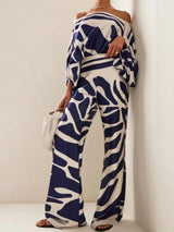 Satin Printed Loose-fitting Boat Neck Top and Pants Two-piece Set