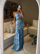 Halter Neck Hollow Print Maxi Dress