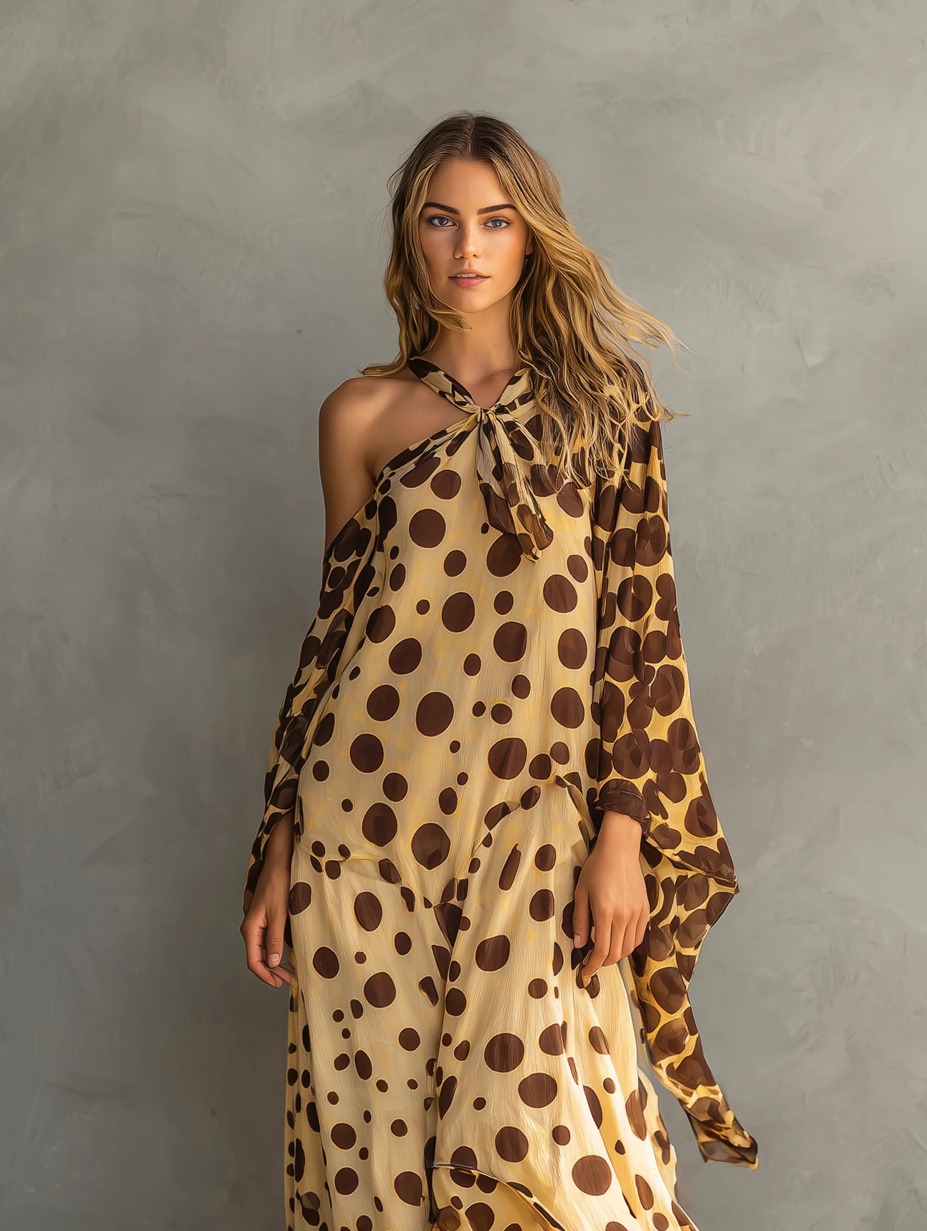 Brown Polka Dot One Shoulder Halter Chiffon Maxi Dress