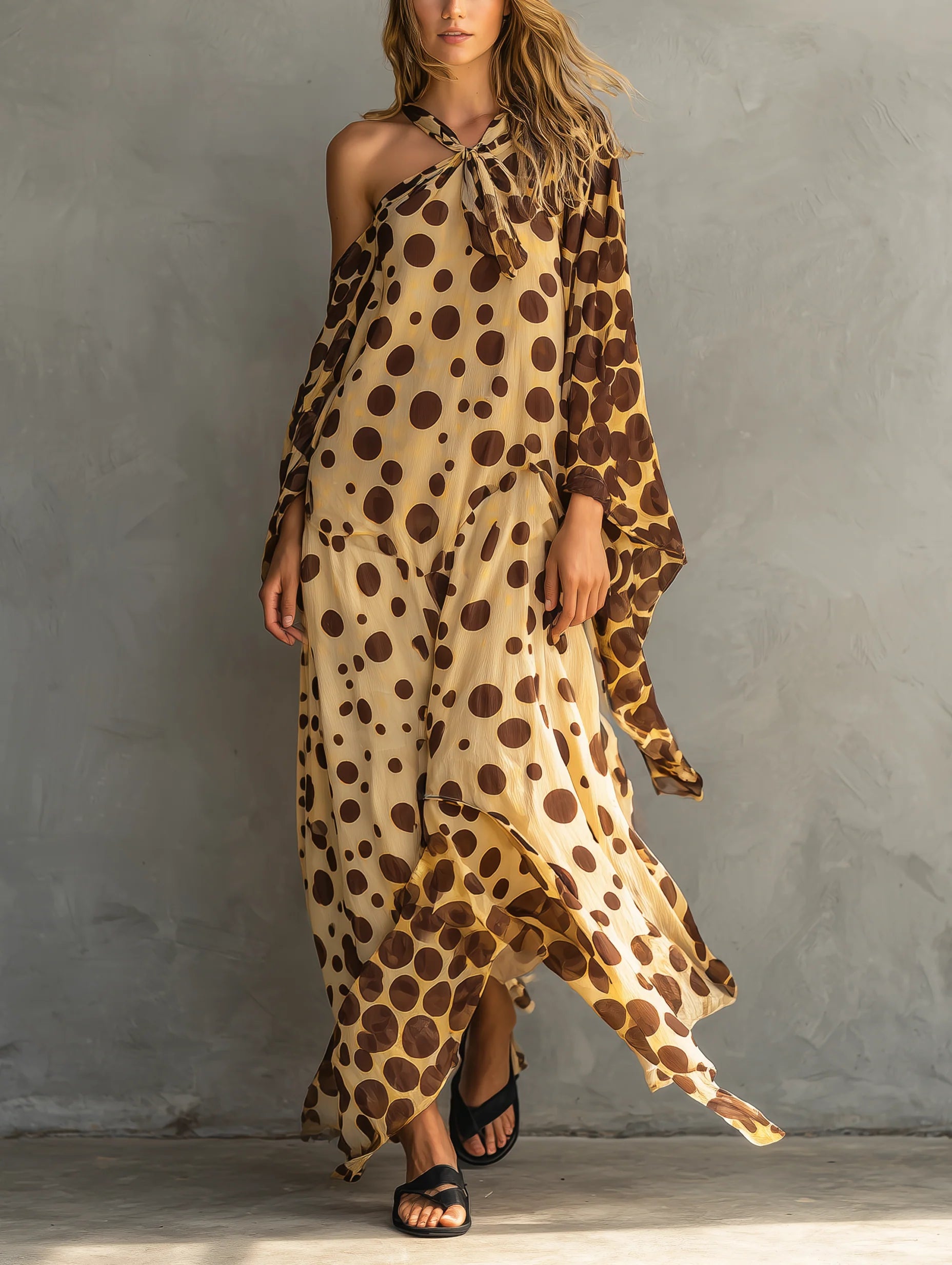 Brown Polka Dot One Shoulder Halter Chiffon Maxi Dress