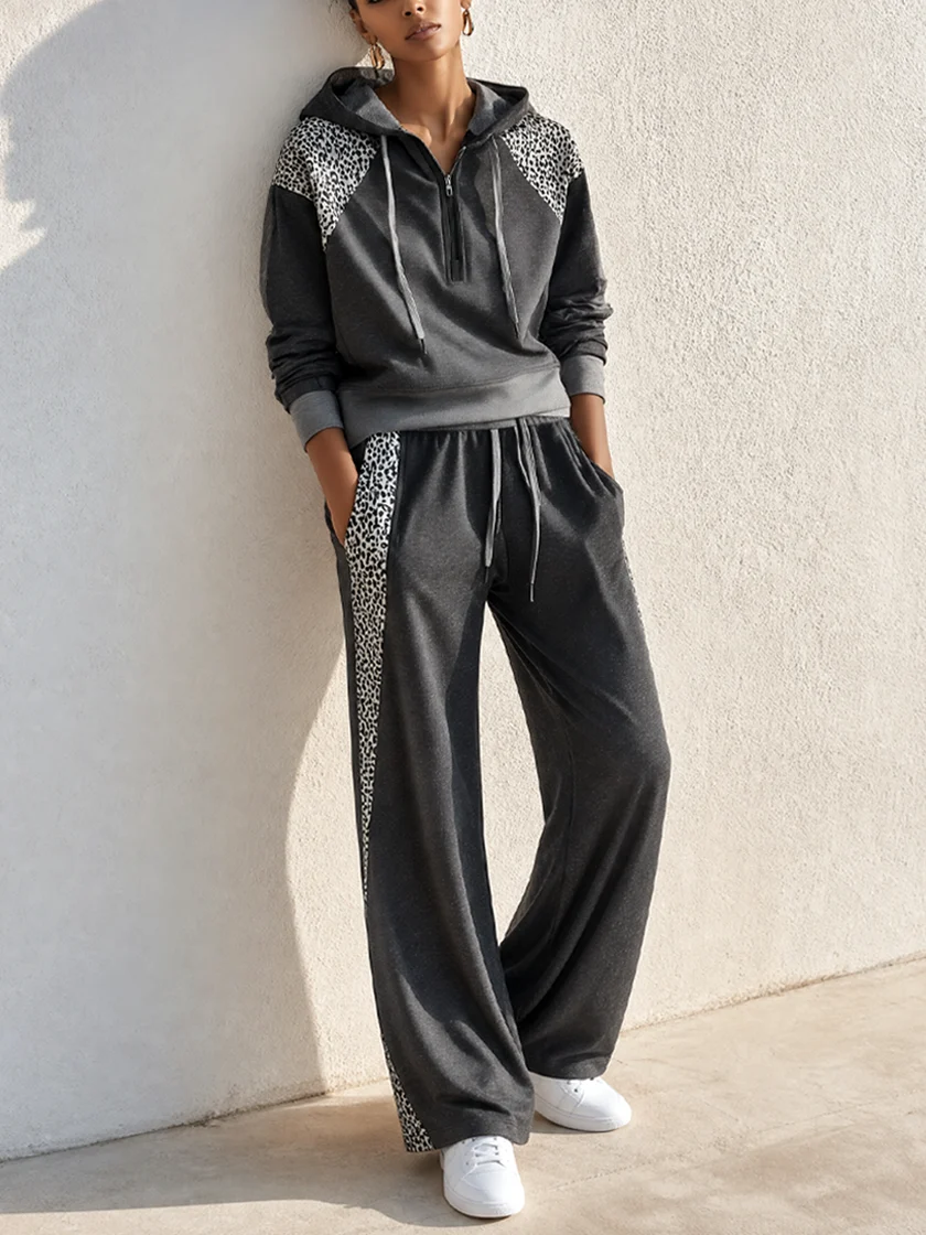 Leopard Patchwork Half Zip Hoodie & Wide Leg Sweatpants Two Piece Tracksuit