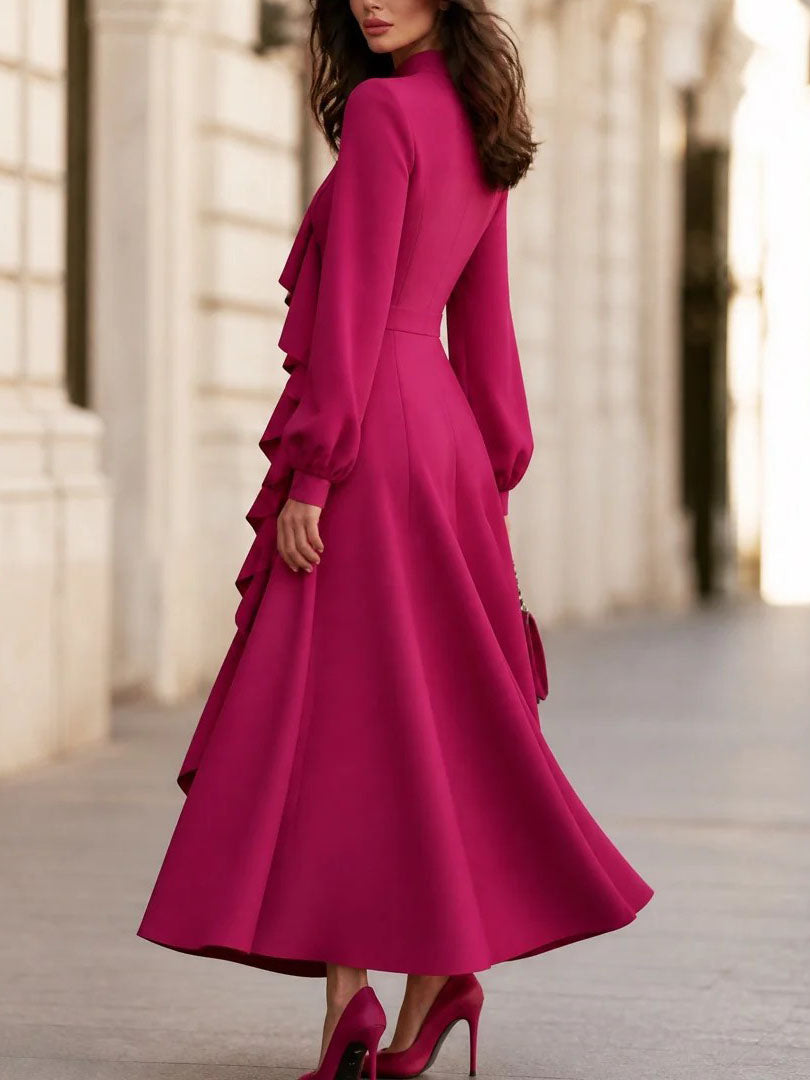 High Neck Long Sleeve Ruffled Midi Dress