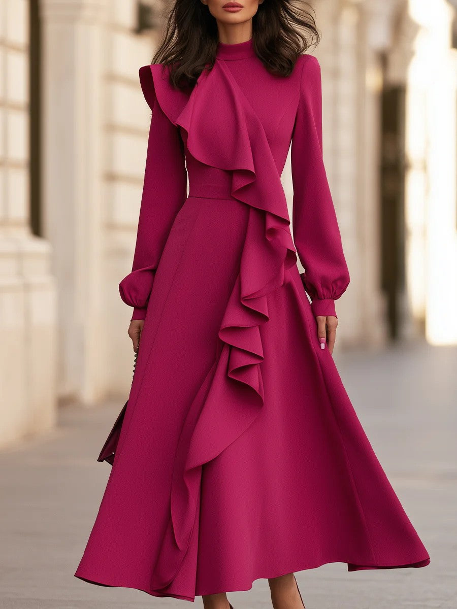 High Neck Long Sleeve Ruffled Midi Dress