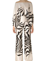 Satin Printed Loose-fitting Boat Neck Top and Pants Two-piece Set