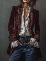 Vintage Navy Polyester Velvet Embroidered Long Jacket