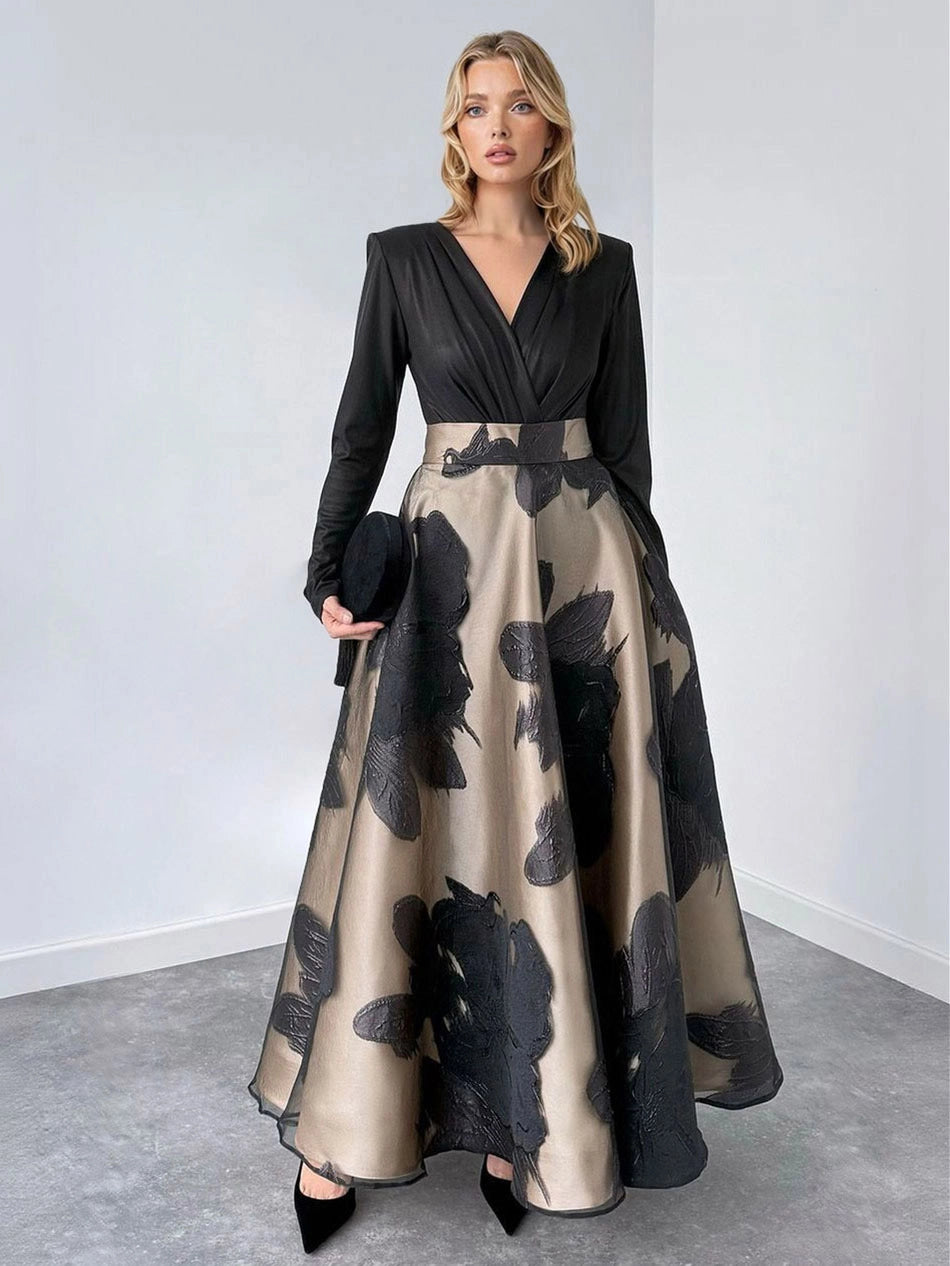 V Neck Long Sleeve Floral Print Maxi Evening Gown