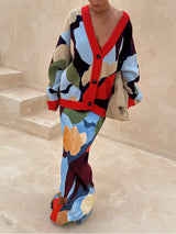 Abstract Geometric Pattern Knitted Jacket + Skirt Set