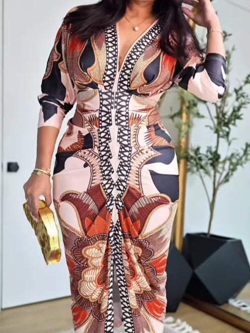 Vintage Baroque Long Sleeve Deep V Neck Bodycon Dress