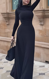 Elegant Solid Color High Neck Wrap Maxi Dress