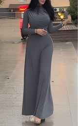 Elegant Solid Color High Neck Wrap Maxi Dress