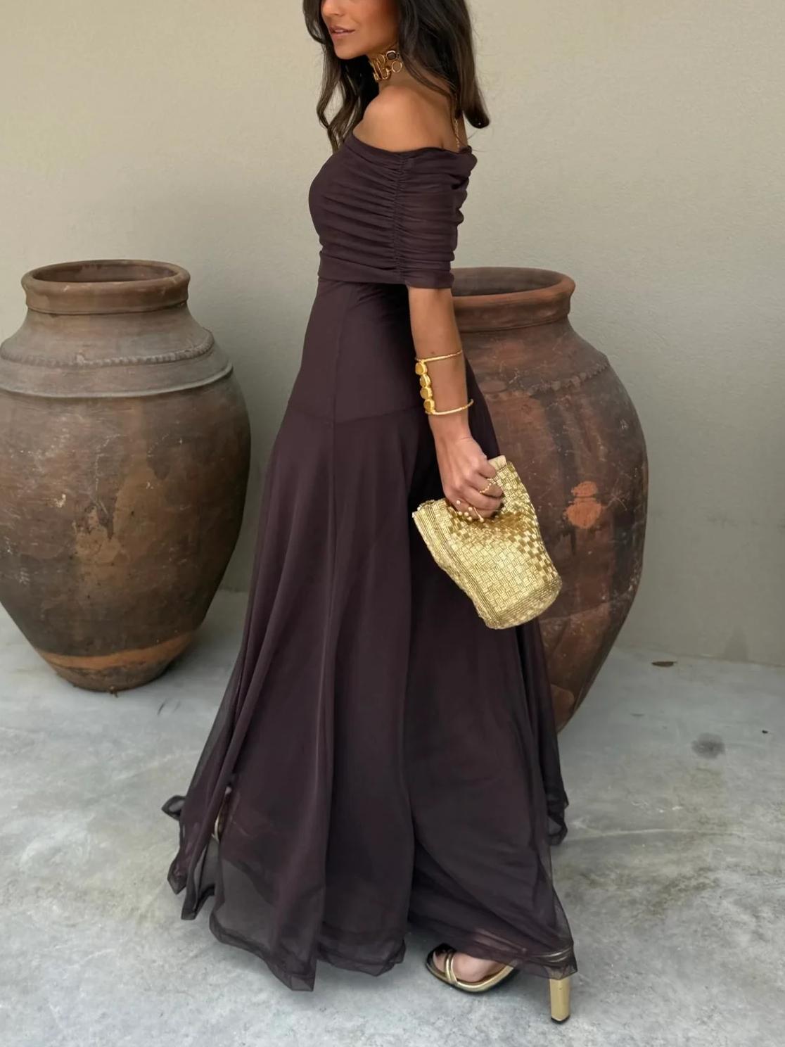 Brown One Shoulder Mesh Maxi Dress