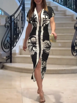 V-neck short-sleeved floral pleated dress