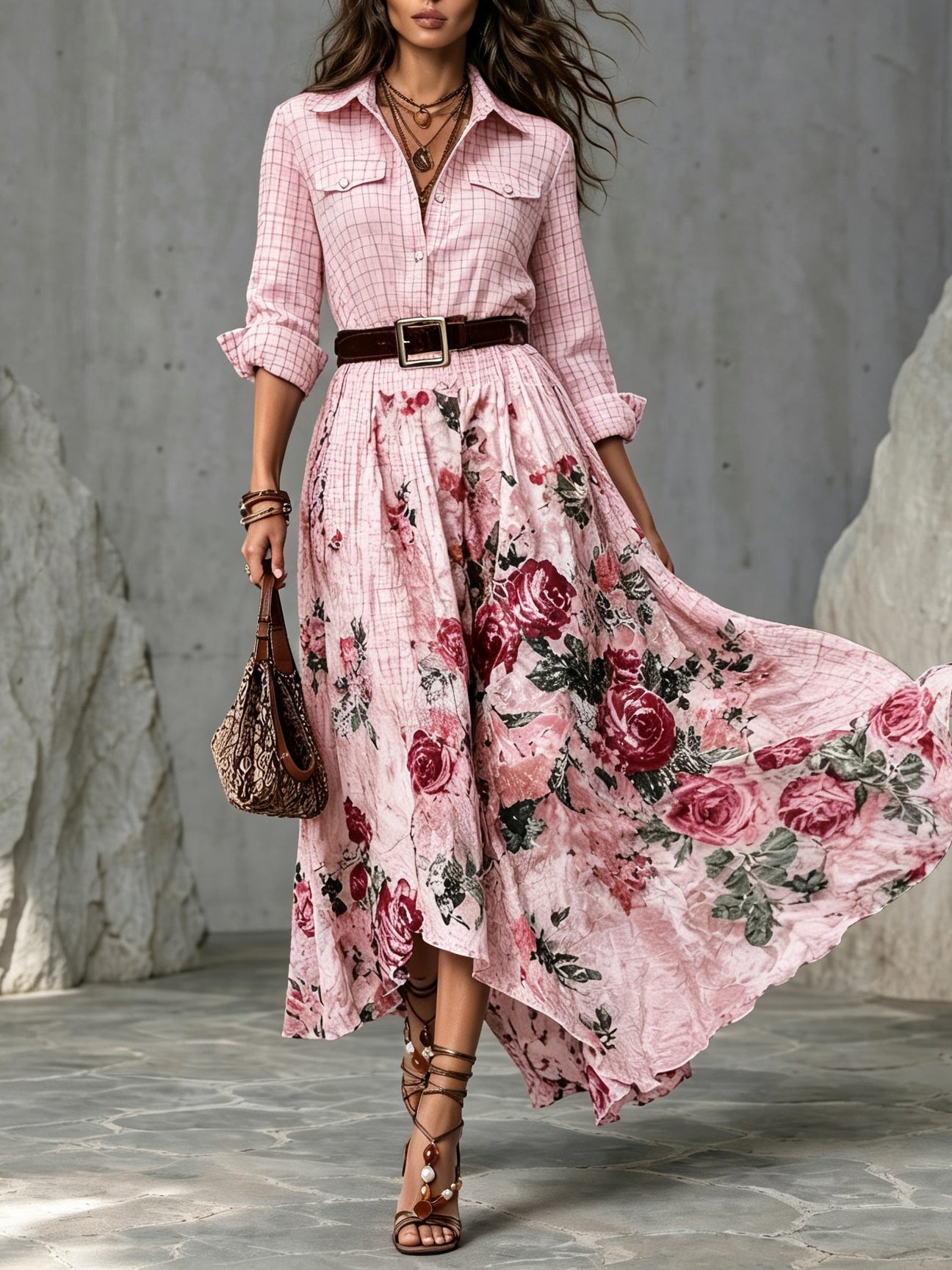Pink plaid and floral print collared maxi dress (belt included)