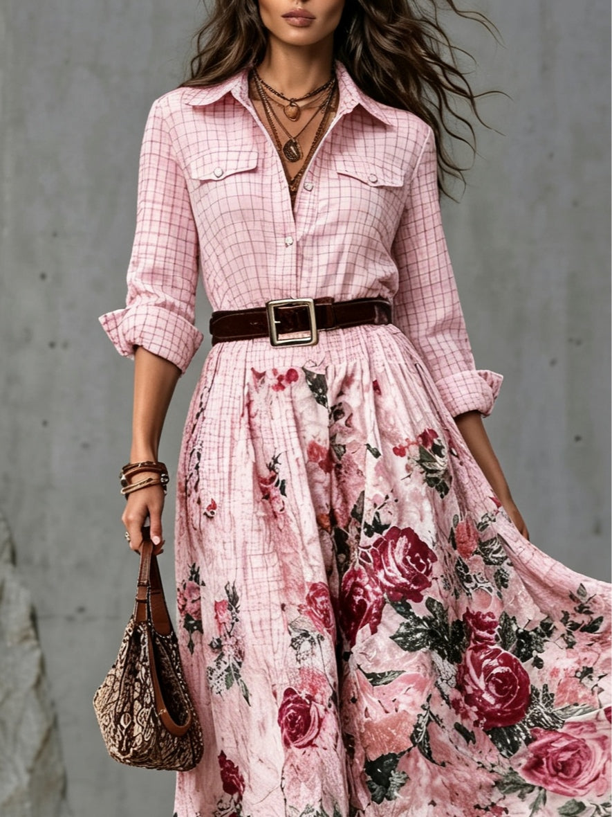 Pink plaid and floral print collared maxi dress (belt included)