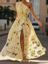 Light Green Floral Ruched One Shoulder A-Line Maxi Chiffon Dress