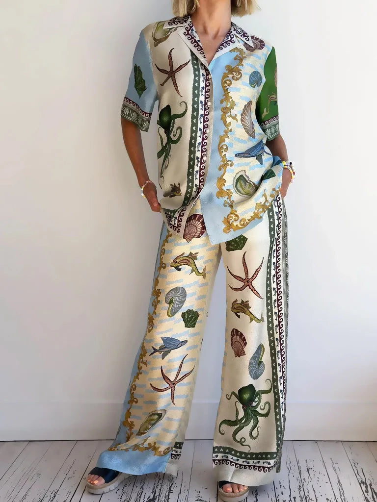 Unique Deep Sea Floral Print Loose Shirt and Pants Set