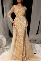 Evening Gown Dark Brown Sequined Lace Tulle Overskirt Mermaid Maxi Dress