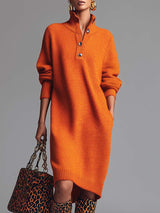 Orange Lapel Button-Front Knit Midi Dress