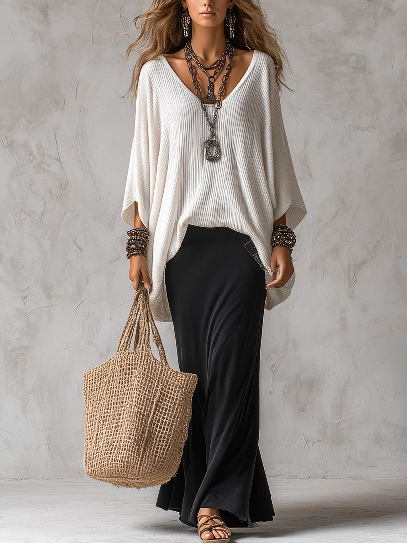 Black Long Skirt & White Knit Top Two Piece Set