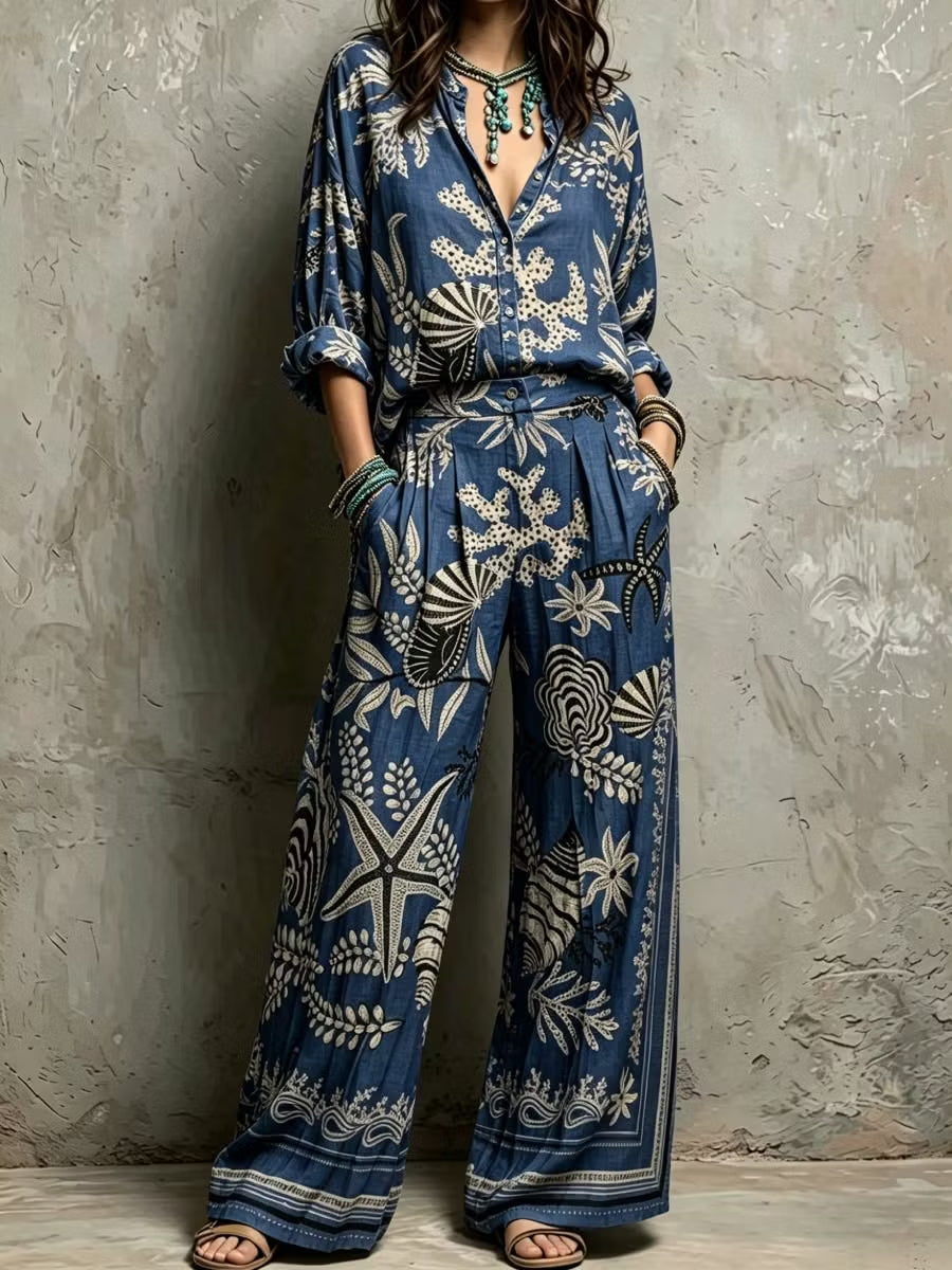 Navy Ocean Starfish Shell Print Boho Two Piece Set