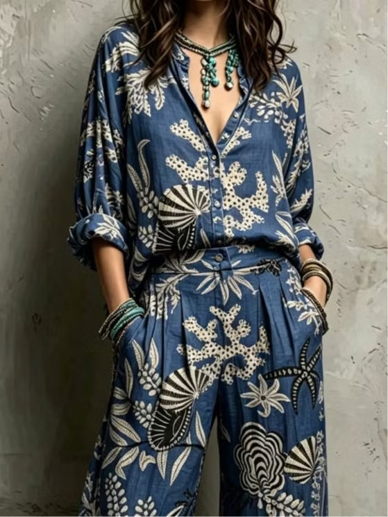 Navy Ocean Starfish Shell Print Boho Two Piece Set