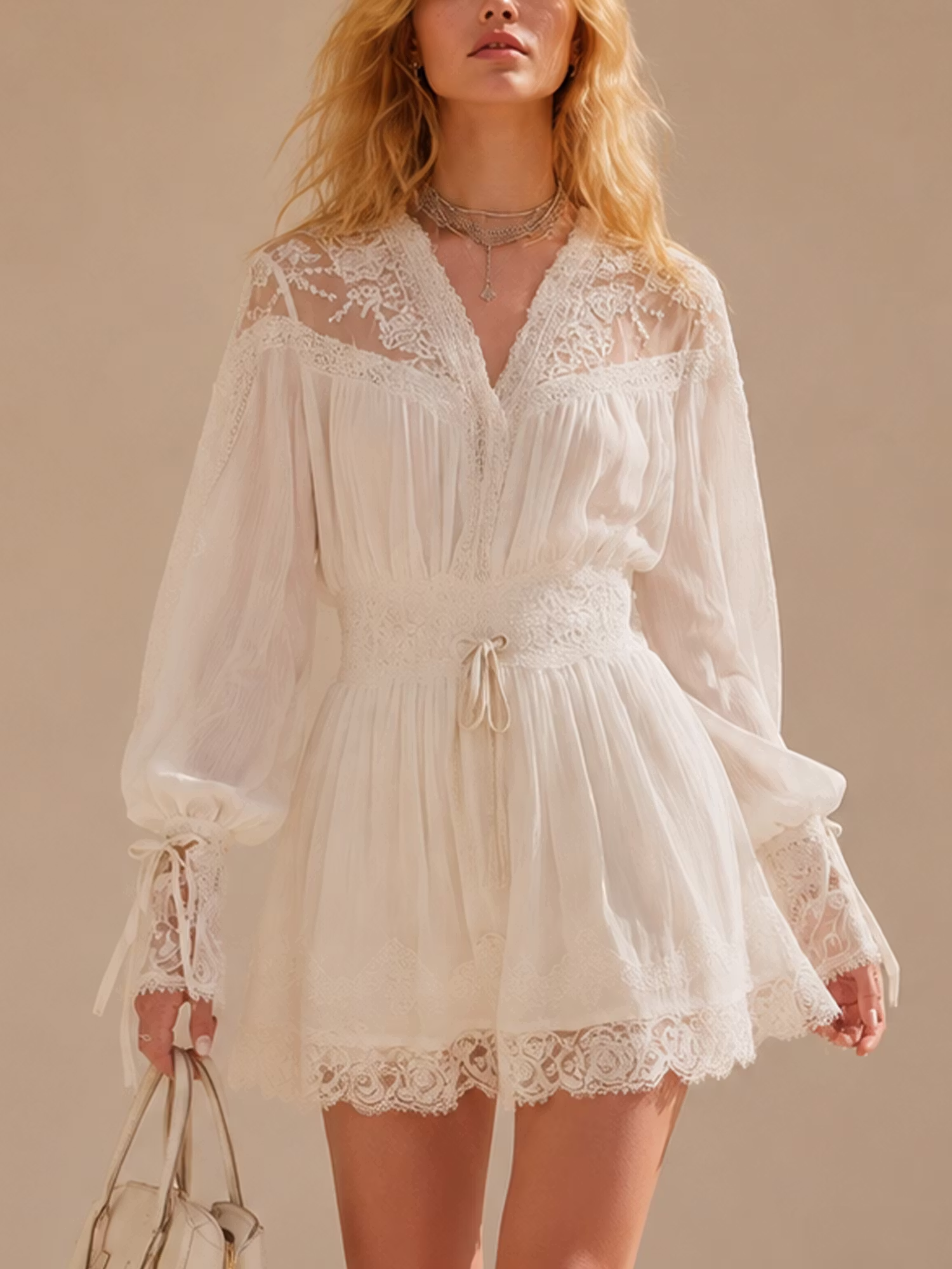 White Lace Long Sleeve Belted Mini Dress