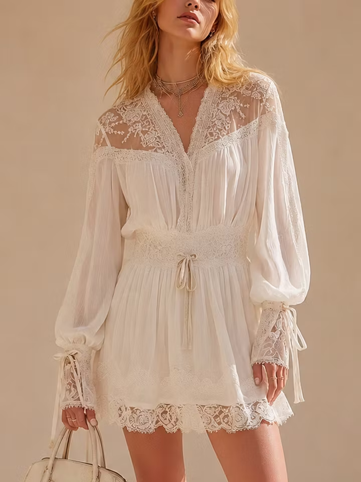 White Lace Long Sleeve Belted Mini Dress