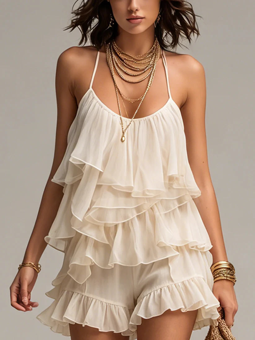 Beige Cami Ruffle Shorts Set