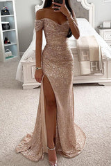 Party Sequin Off-Shoulder Slit Dress