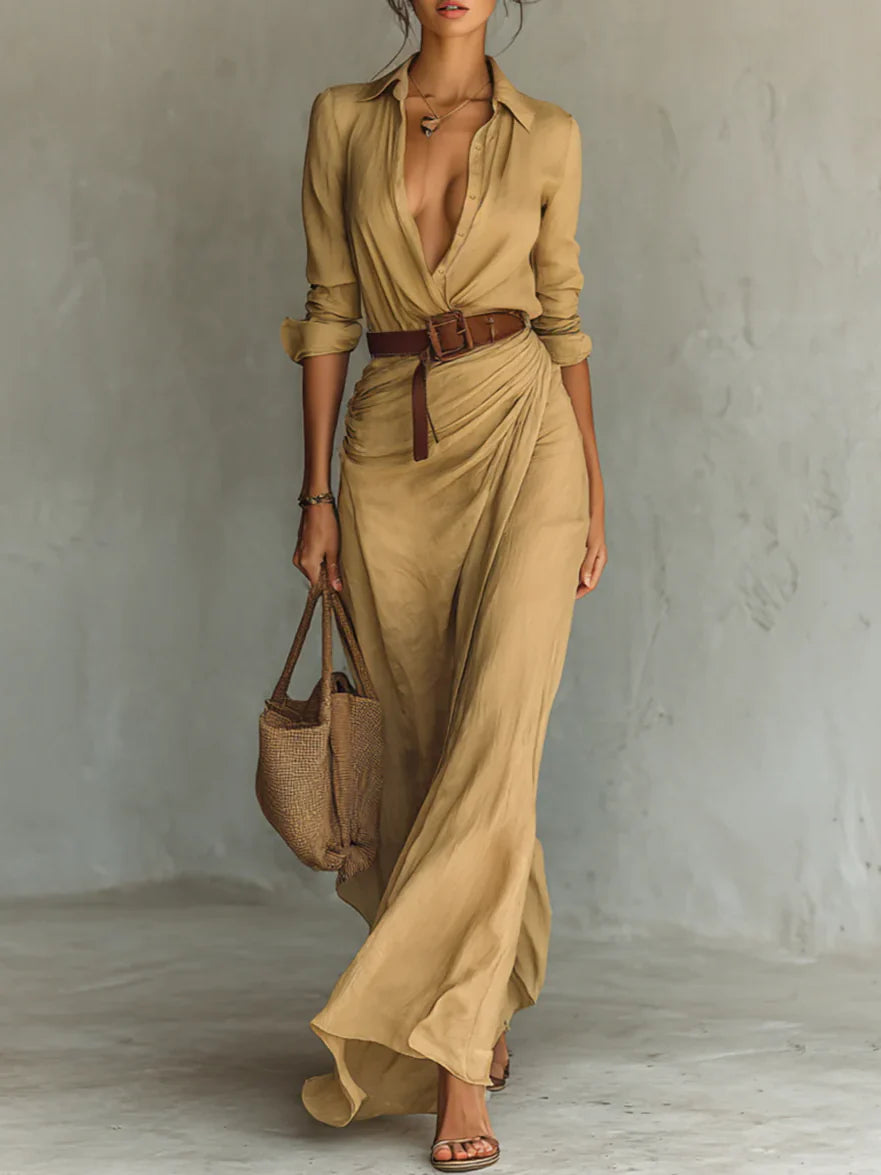 Ladies Lapel Long Sleeve Shirt Belted Maxi Dress