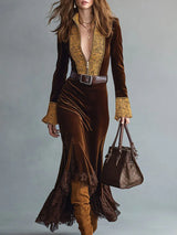 Fashionable retro lace half-zip cocoa brown velvet fishtail dress （Includes belt）