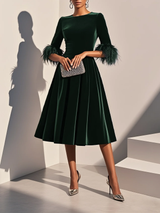 Dark Blue Feather-trimmed Velvet Round Neck Short-sleeved A-line Midi Dress