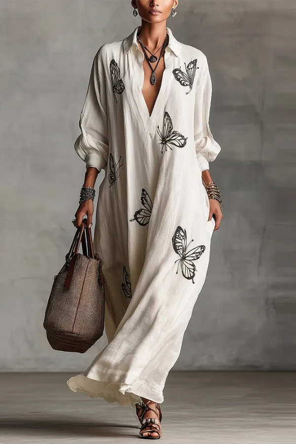 White Butterfly Print Loose Shirt Maxi Dress