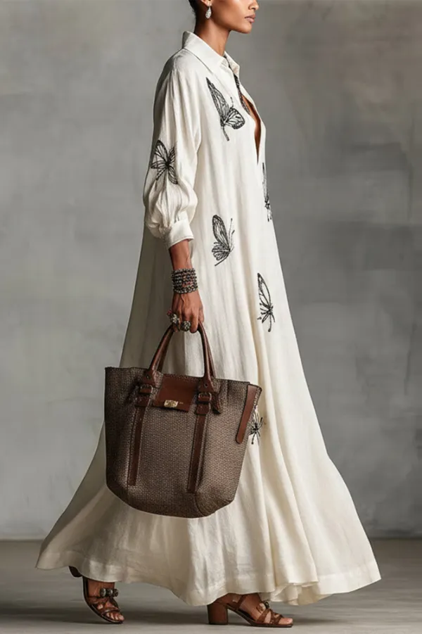 White Butterfly Print Loose Shirt Maxi Dress
